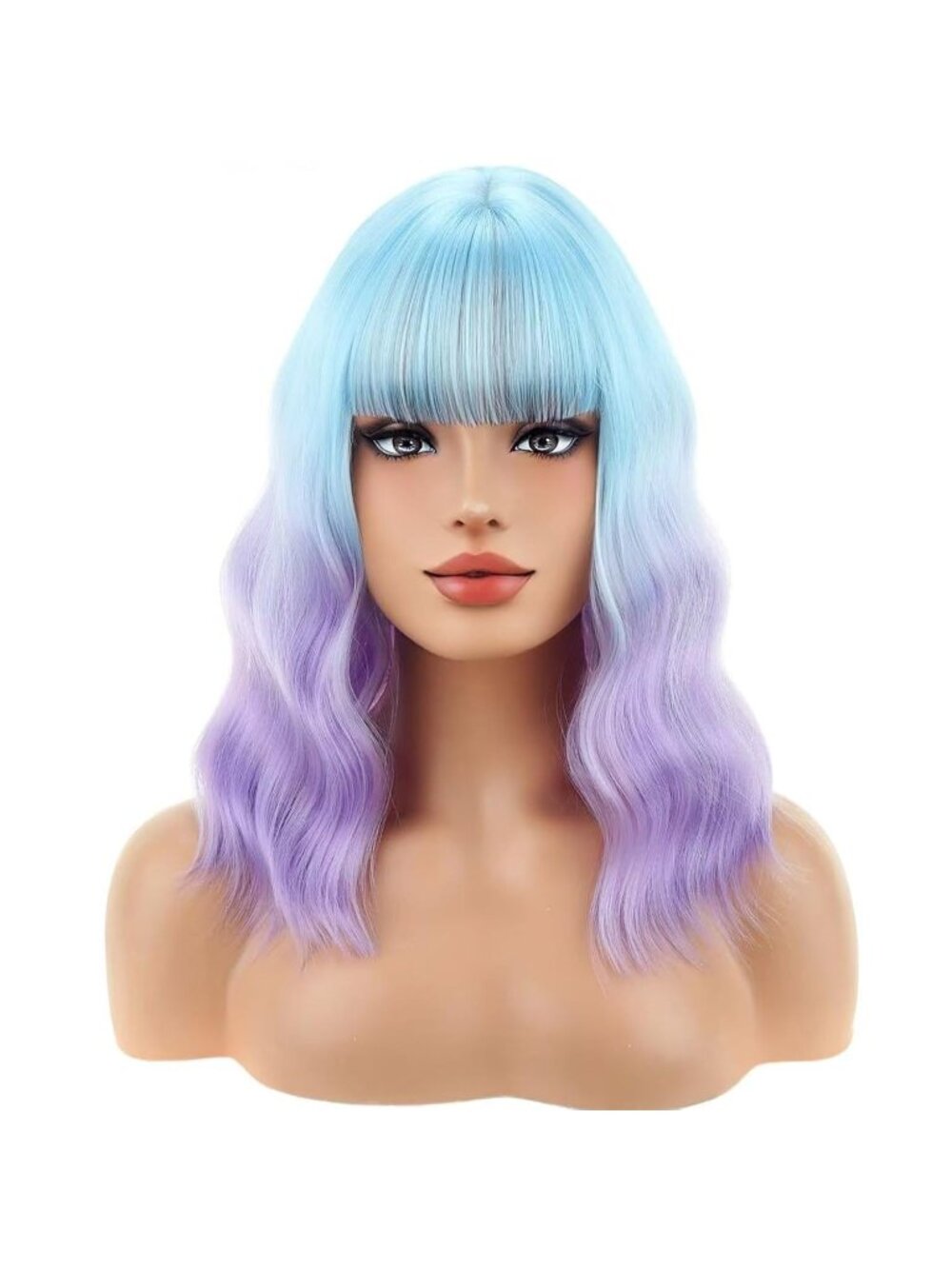 Women's Blue Purple Ombre Curly Wavy Bangs Short Resistant Cosplay Synthetic Wig